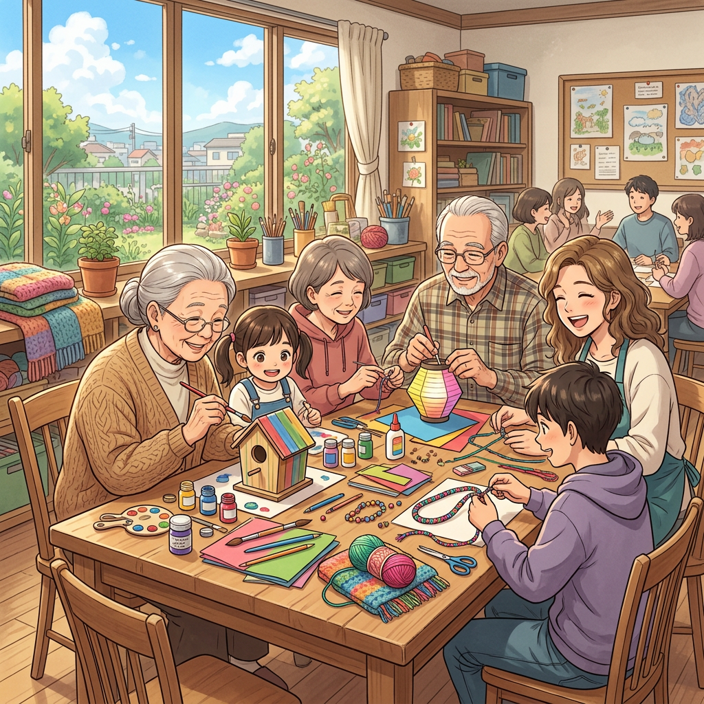 Family members of various ages engaging in arts and crafts around a table filled with supplies